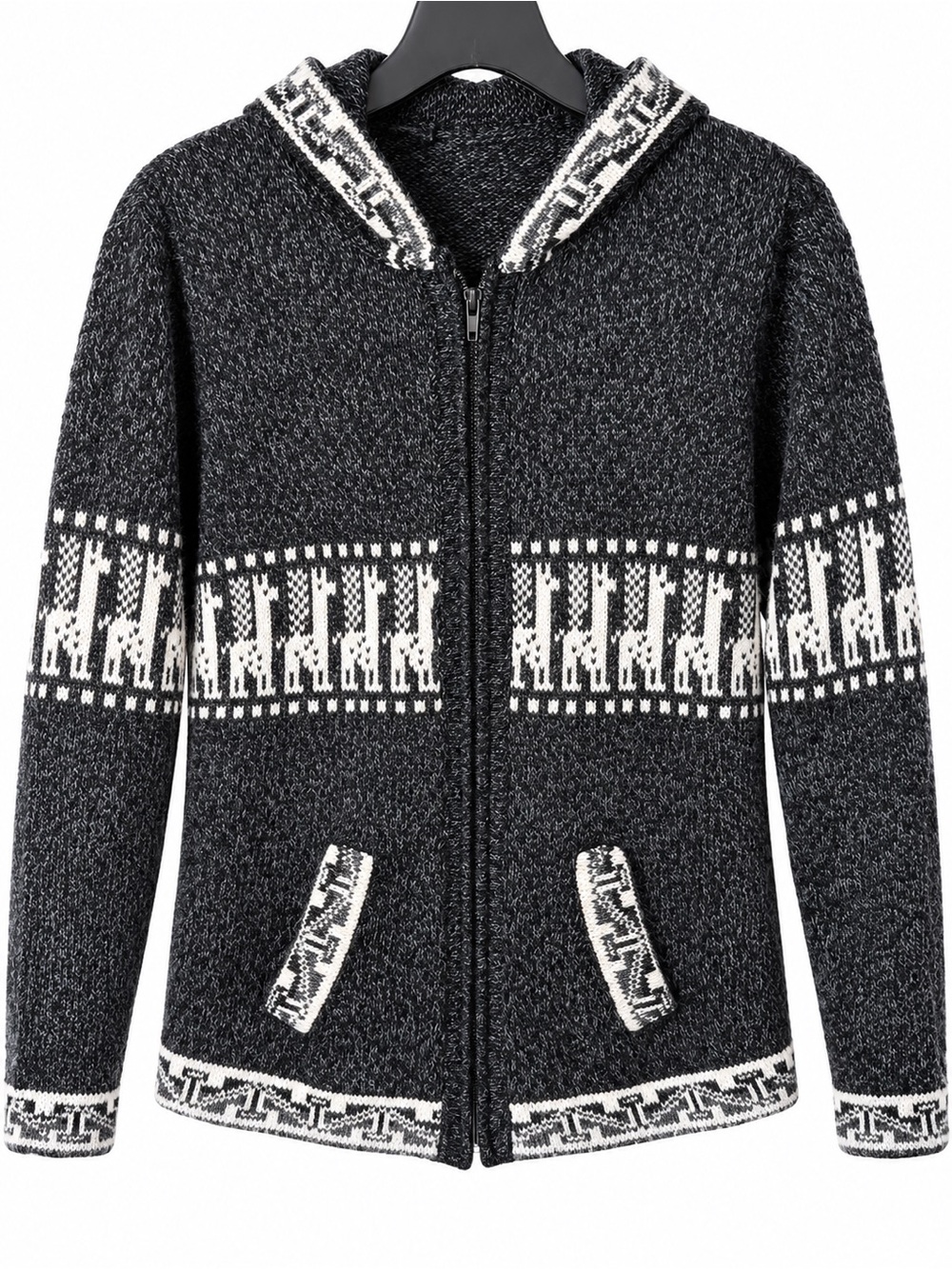 Women’s Made in Peru Alpaca Hooded Zip-Up Sweater with Llama Pattern & Pockets M